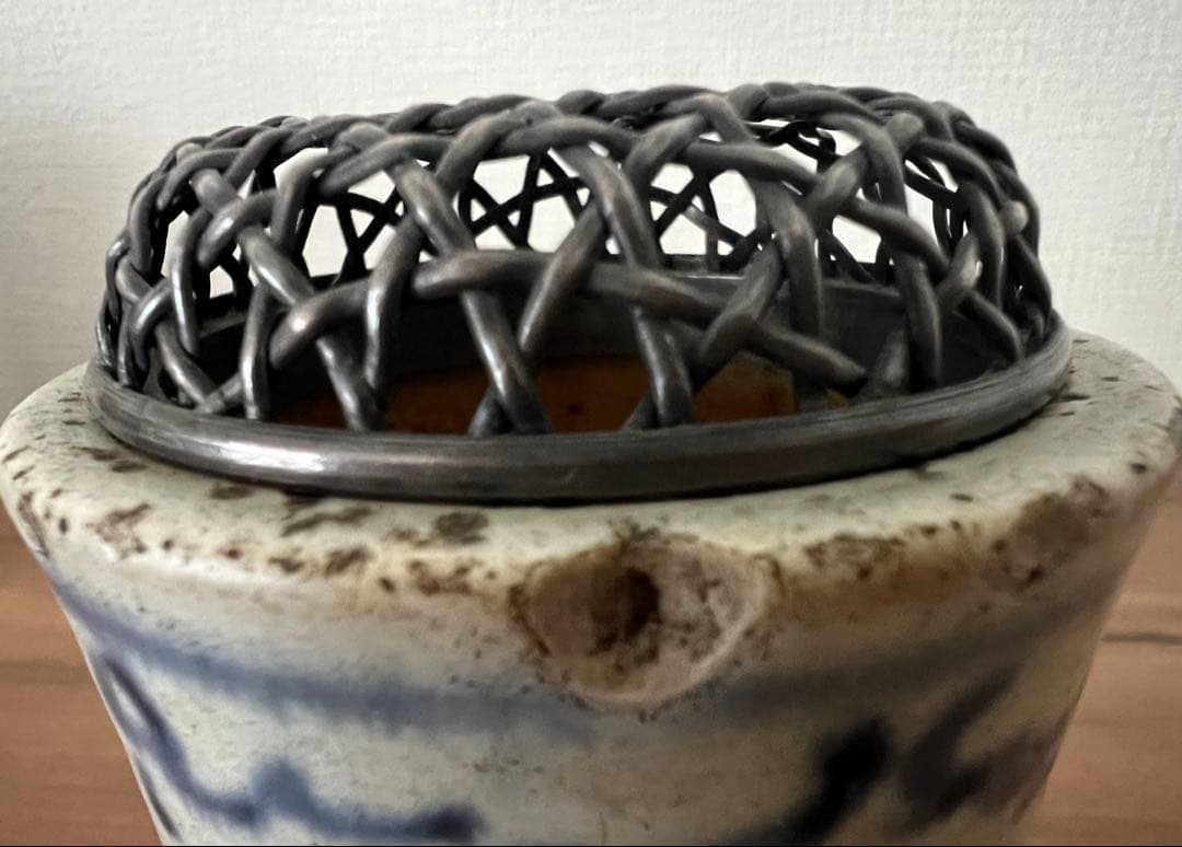 年代物 古染香炉 純銀火屋 香合 箱付き アンティーク