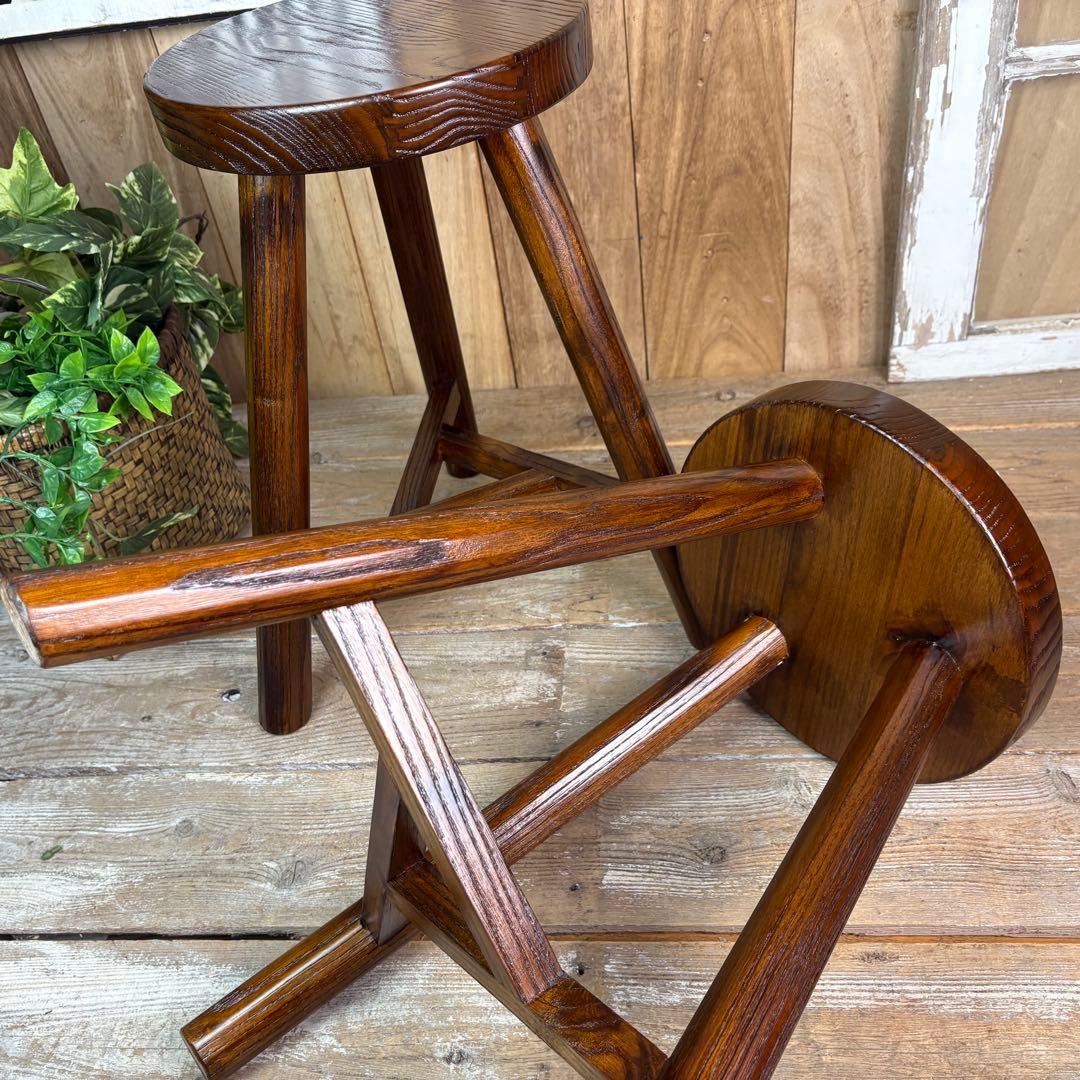 アジアンエスニック原木無垢材木製三本足丸スツール二脚セット木製椅子花台チェア