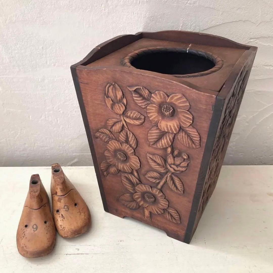 木彫り 物入れ 昭和レトロ 骨董 アンティーク ゴミ箱 オブジェ