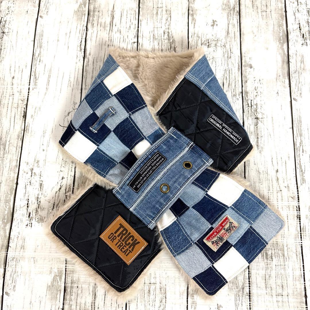 デニムリメイクマフラー　❤️ファー　男前　パッチワーク