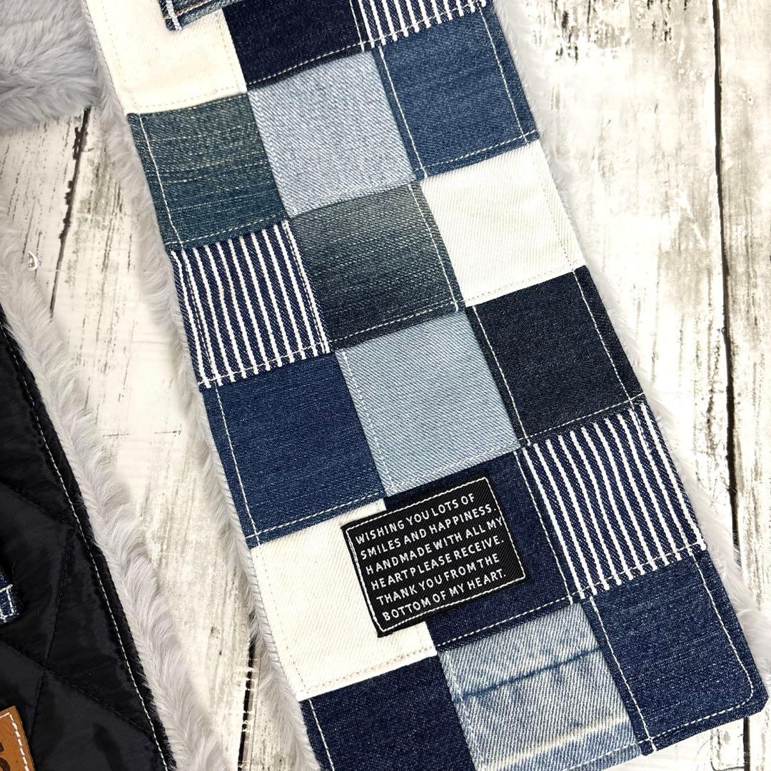 デニムリメイクマフラー　❤️ファー　男前　パッチワーク