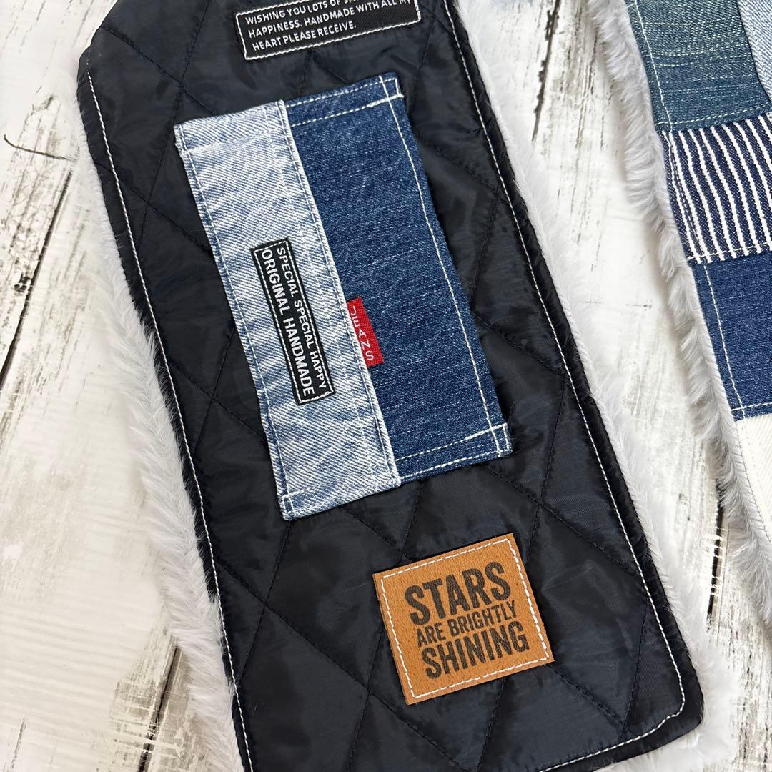 デニムリメイクマフラー　❤️ファー　男前　パッチワーク