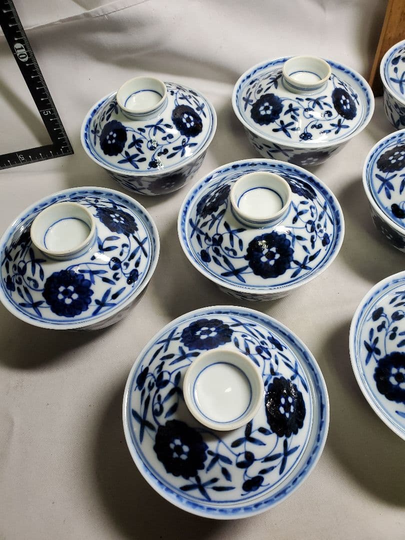 保管品　レトロ　渋草芳国舎　染付菊華紋飯茶碗　蓋付　十客　元木箱入