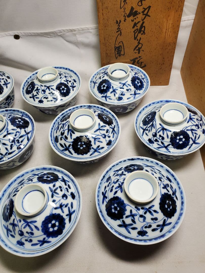 保管品　レトロ　渋草芳国舎　染付菊華紋飯茶碗　蓋付　十客　元木箱入