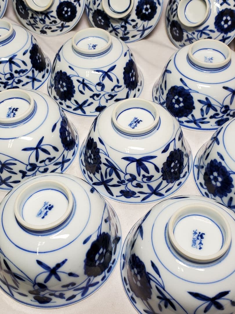 保管品　レトロ　渋草芳国舎　染付菊華紋飯茶碗　蓋付　十客　元木箱入