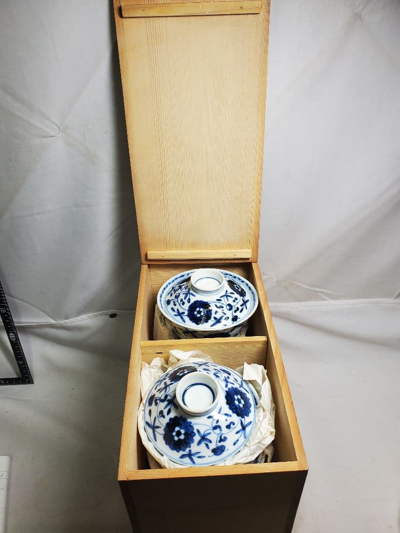 保管品　レトロ　渋草芳国舎　染付菊華紋飯茶碗　蓋付　十客　元木箱入