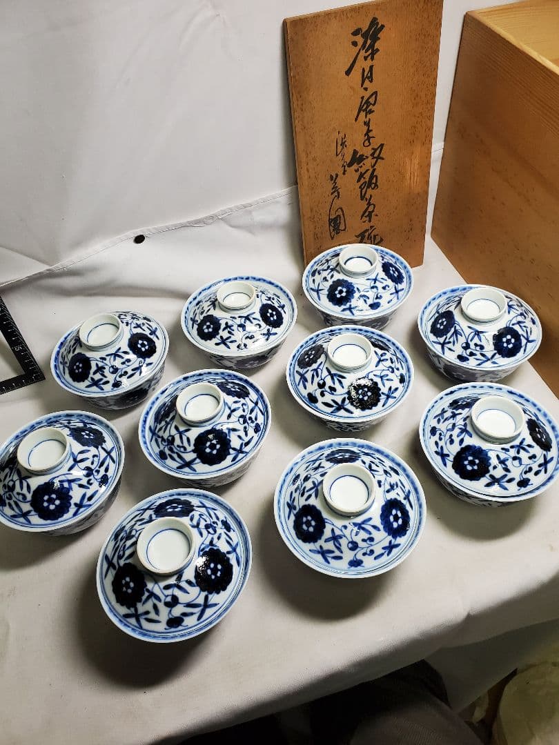 保管品　レトロ　渋草芳国舎　染付菊華紋飯茶碗　蓋付　十客　元木箱入