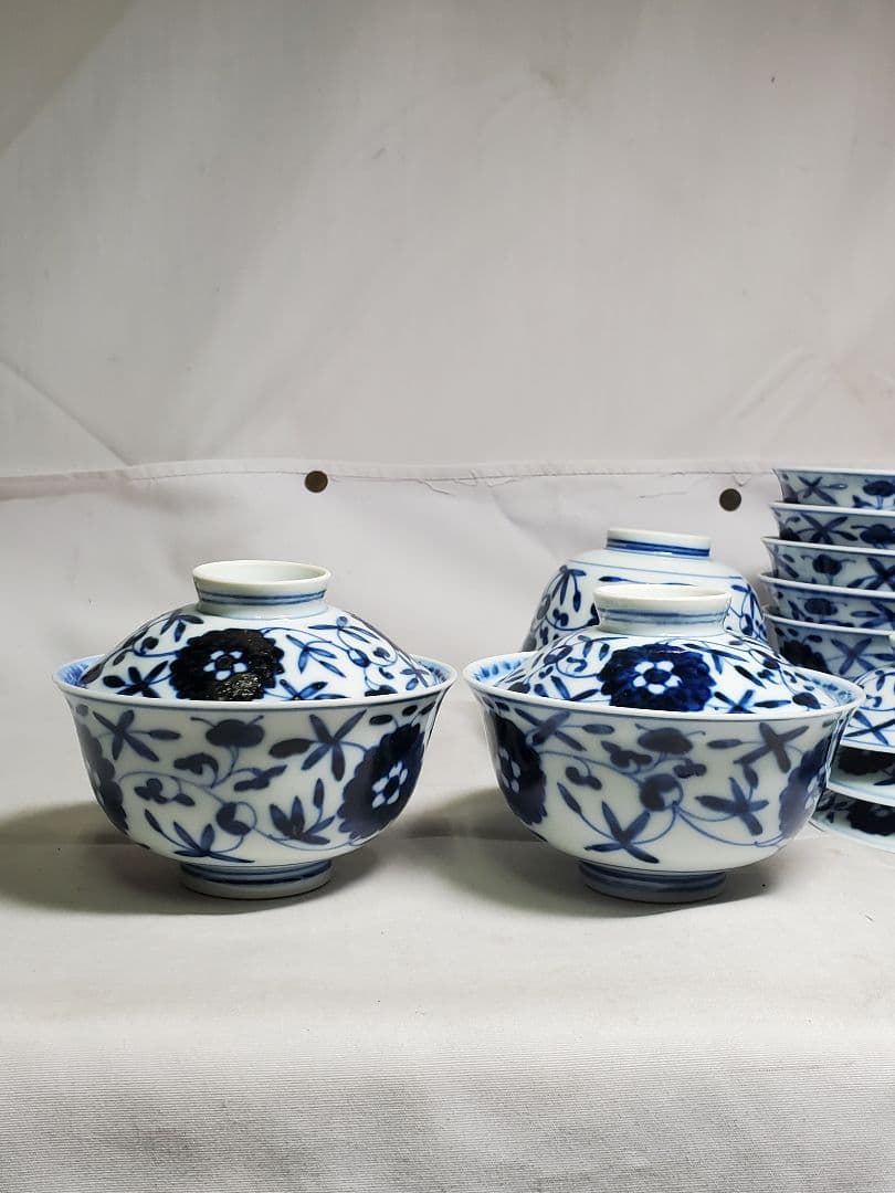 保管品　レトロ　渋草芳国舎　染付菊華紋飯茶碗　蓋付　十客　元木箱入