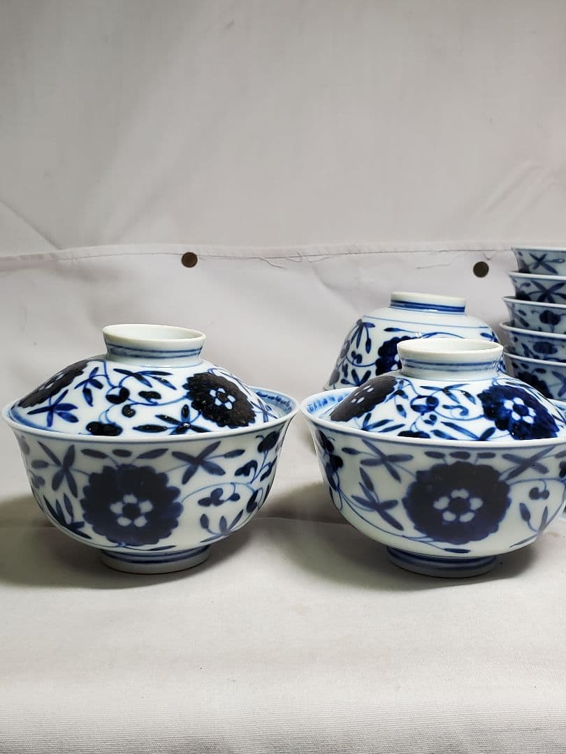 保管品　レトロ　渋草芳国舎　染付菊華紋飯茶碗　蓋付　十客　元木箱入