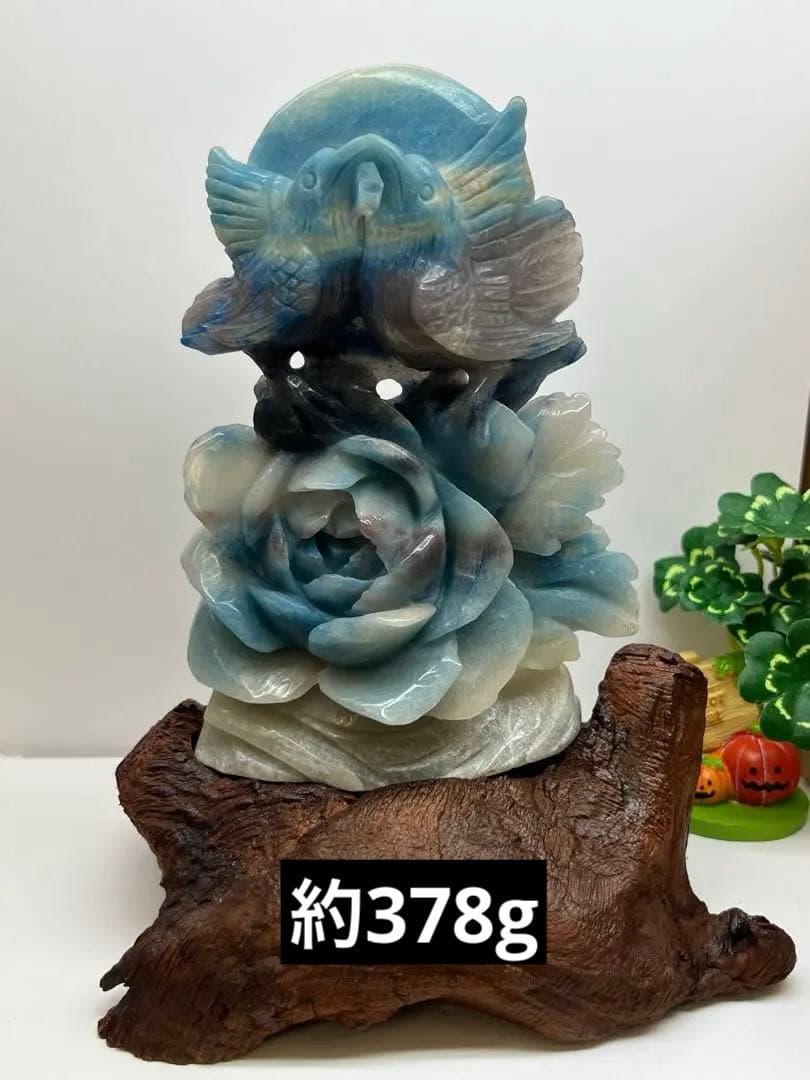 天然石　トロレアイト　カービング　鳥と薔薇　彫刻　台座付きNo.1253