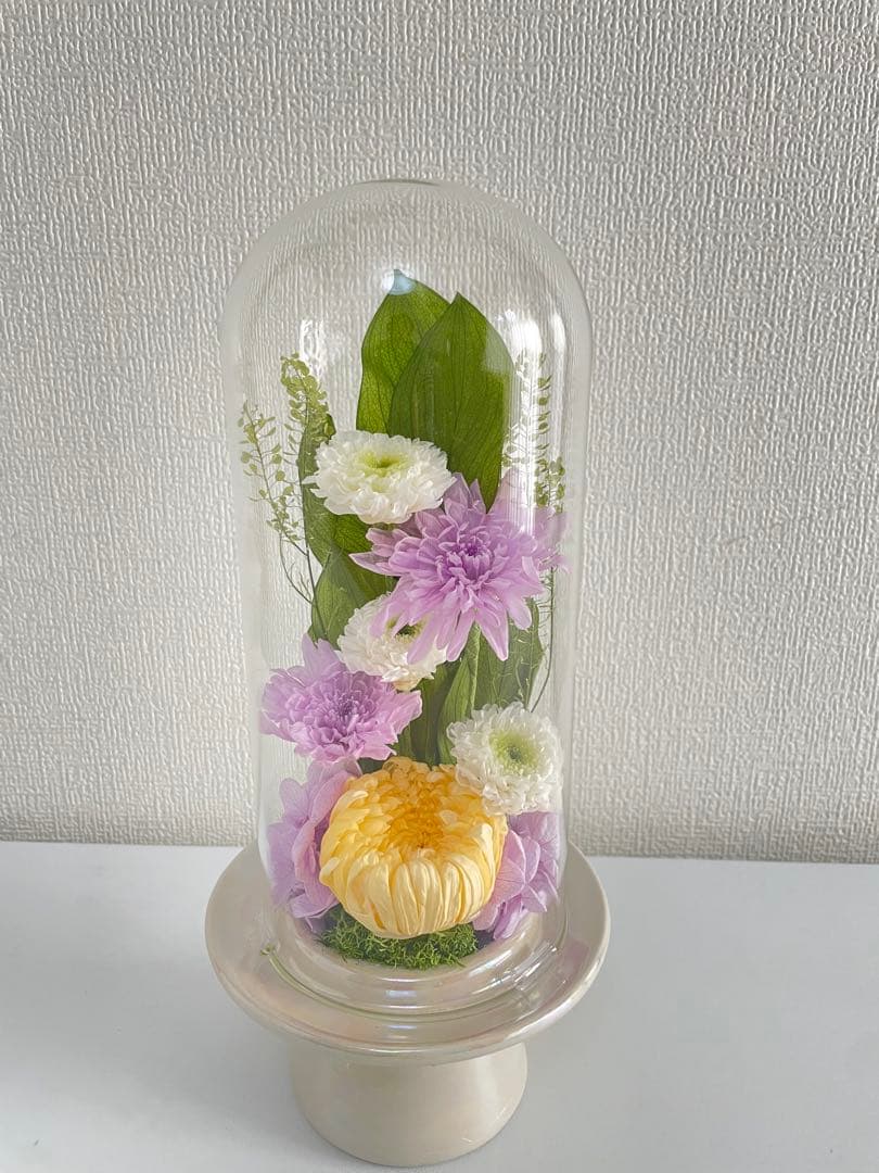 プリザーブドフラワー仏花　ガラスドーム入り　一対　ソフトイエロー　お盆　お供え