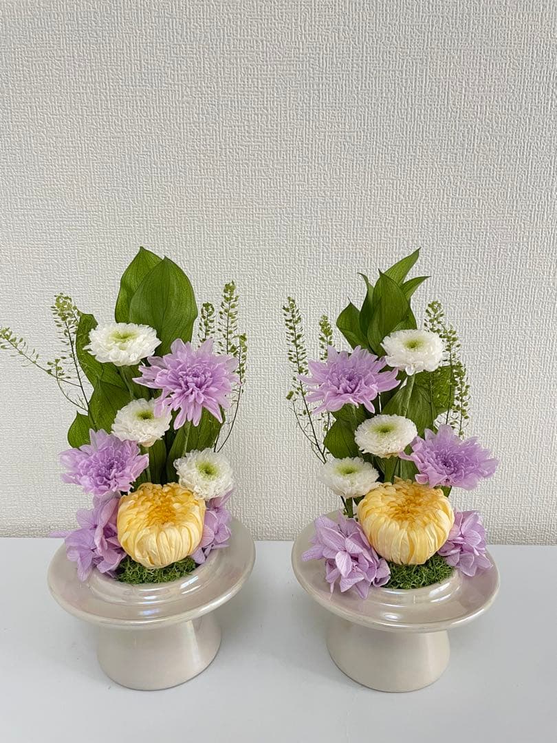 プリザーブドフラワー仏花　ガラスドーム入り　一対　ソフトイエロー　お盆　お供え