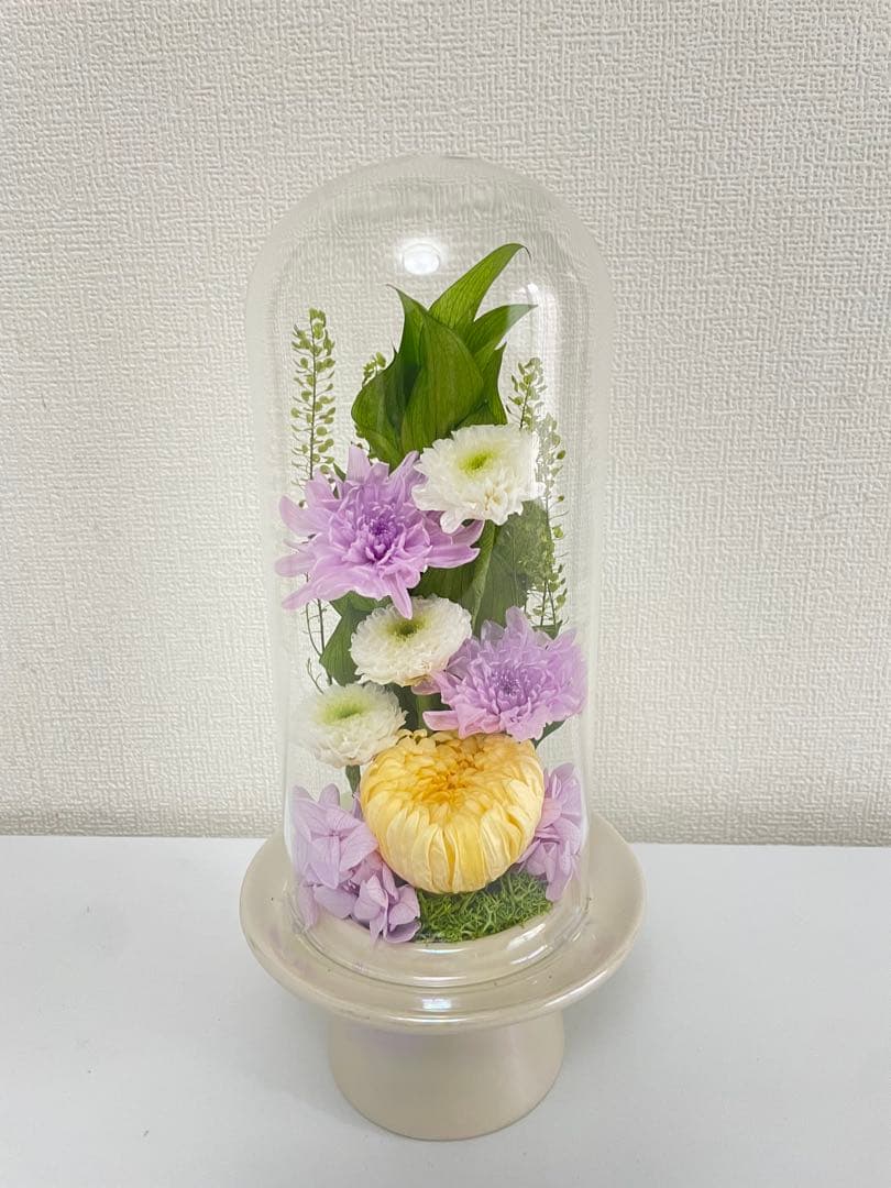 プリザーブドフラワー仏花　ガラスドーム入り　一対　ソフトイエロー　お盆　お供え