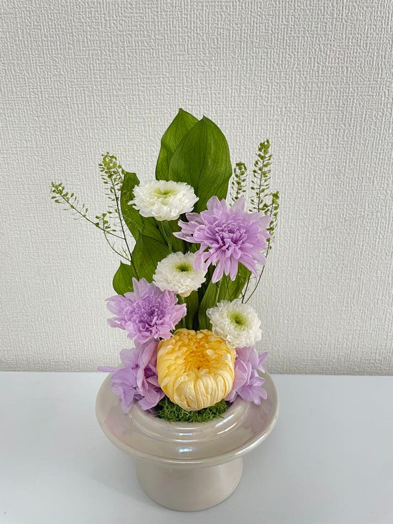 プリザーブドフラワー仏花　ガラスドーム入り　一対　ソフトイエロー　お盆　お供え