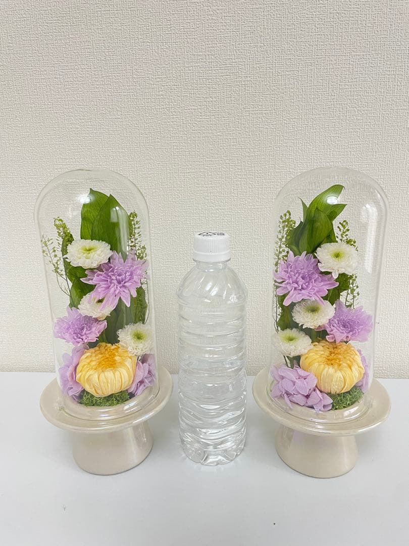 プリザーブドフラワー仏花　ガラスドーム入り　一対　ソフトイエロー　お盆　お供え