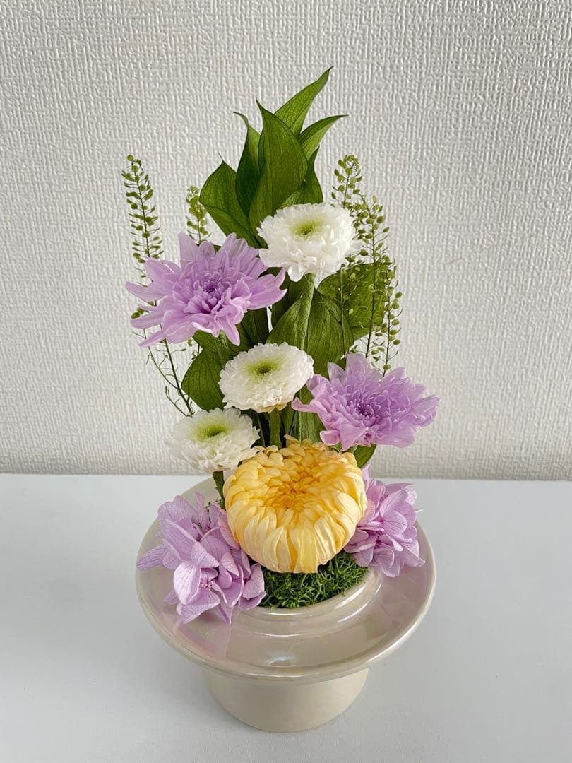 プリザーブドフラワー仏花　ガラスドーム入り　一対　ソフトイエロー　お盆　お供え