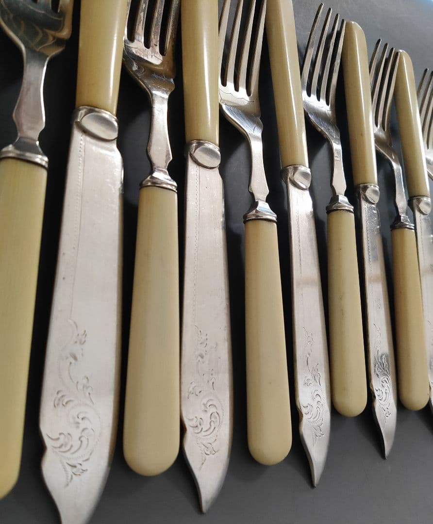 英国ヴィンテージ 純銀P セルロイドハンドル ディナーナイフ フォーク 12本