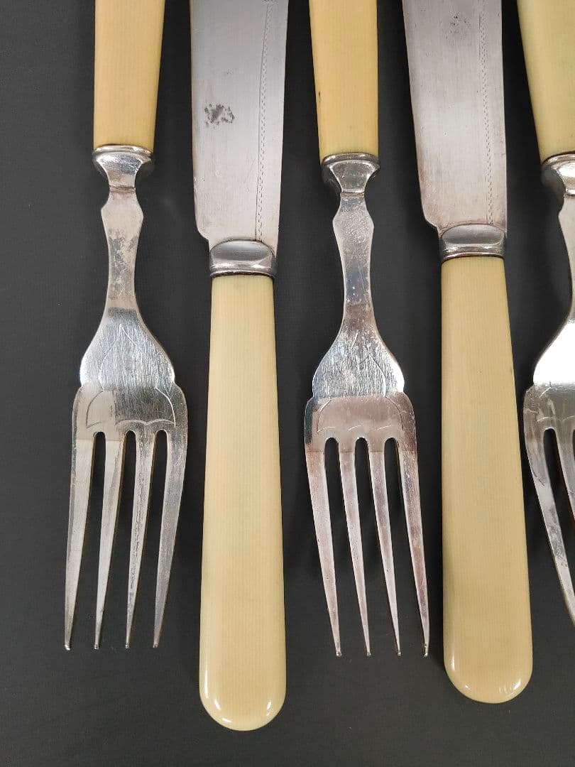 英国ヴィンテージ 純銀P セルロイドハンドル ディナーナイフ フォーク 12本