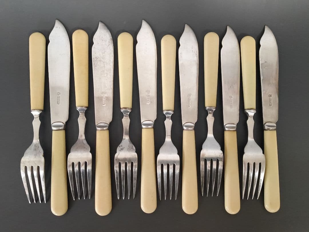 英国ヴィンテージ 純銀P セルロイドハンドル ディナーナイフ フォーク 12本