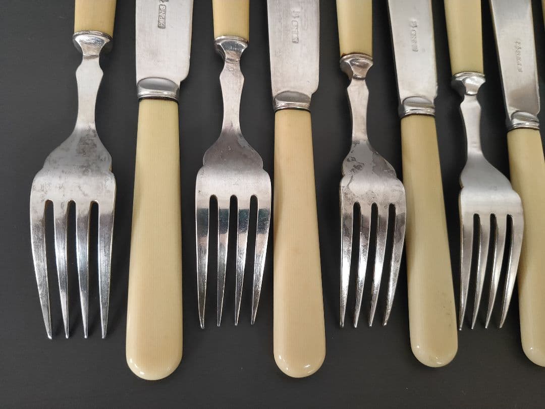 英国ヴィンテージ 純銀P セルロイドハンドル ディナーナイフ フォーク 12本