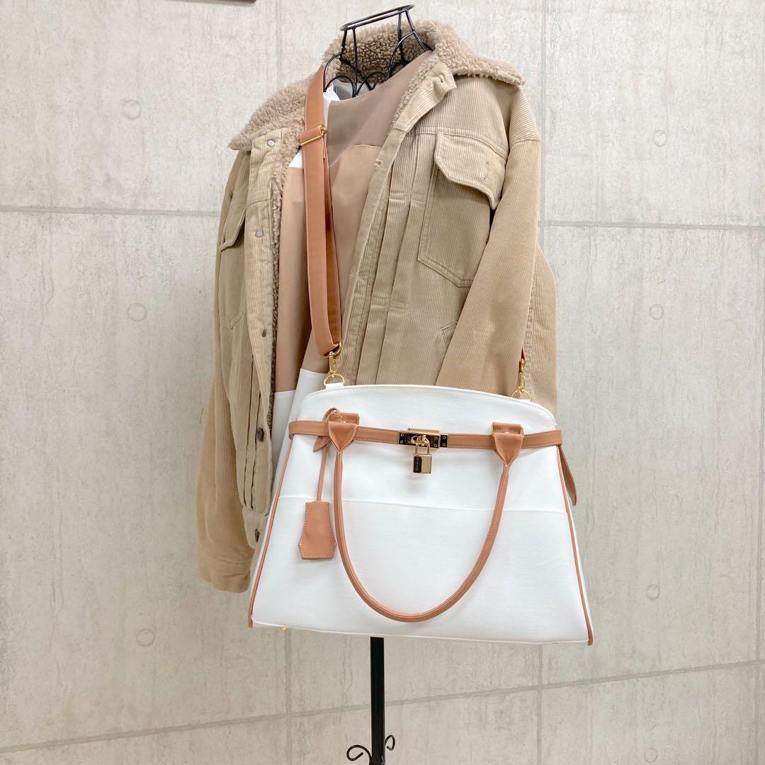 ハンドメイド　2wayハンドバッグ　岡山ホワイトデニム　合皮　南京錠付き