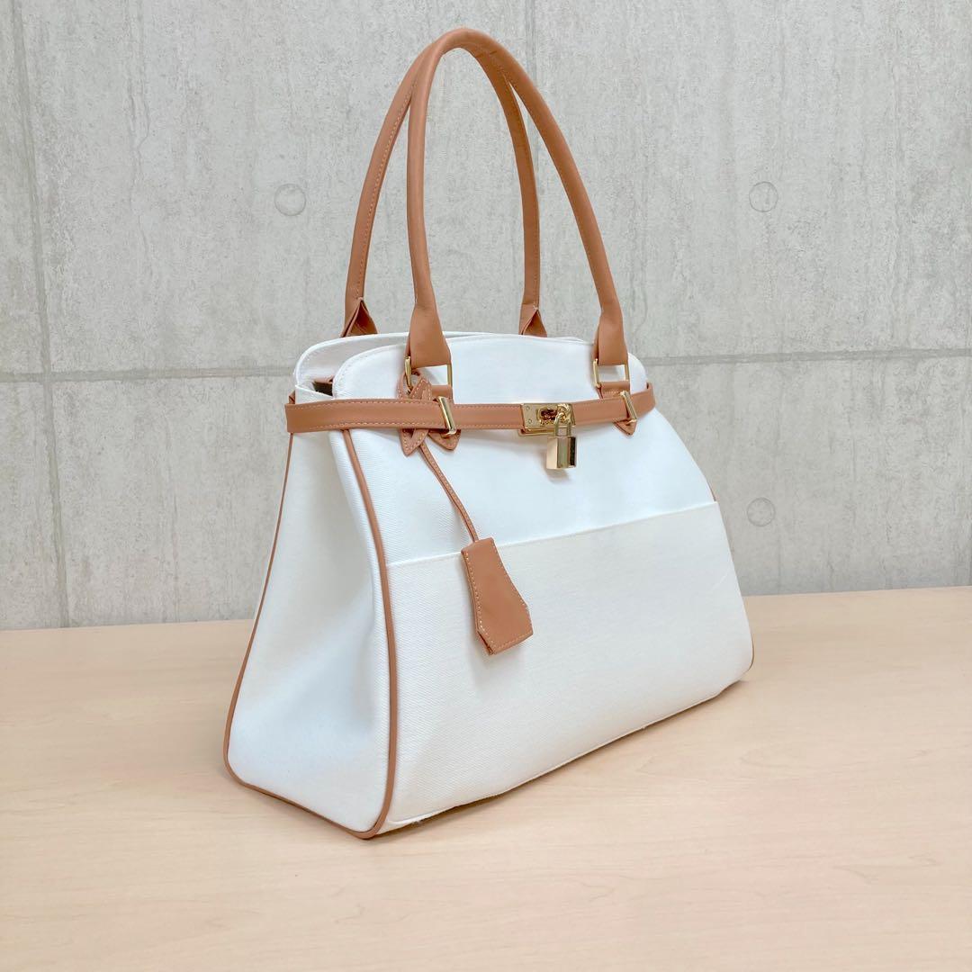ハンドメイド　2wayハンドバッグ　岡山ホワイトデニム　合皮　南京錠付き