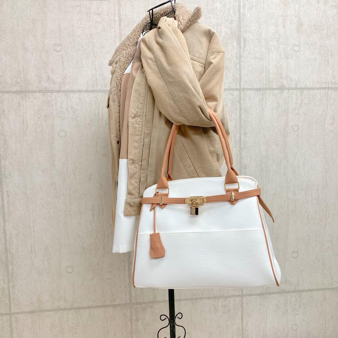 ハンドメイド　2wayハンドバッグ　岡山ホワイトデニム　合皮　南京錠付き