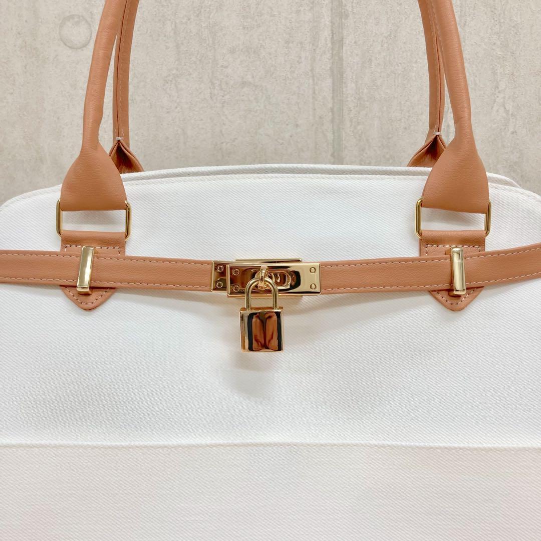 ハンドメイド　2wayハンドバッグ　岡山ホワイトデニム　合皮　南京錠付き