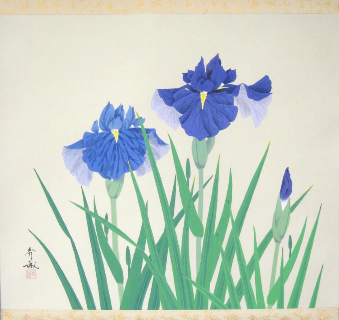 【真筆】 掛け軸 掛軸　菖蒲（しょうぶ）◆井上秀城　共箱・タトウ箱付