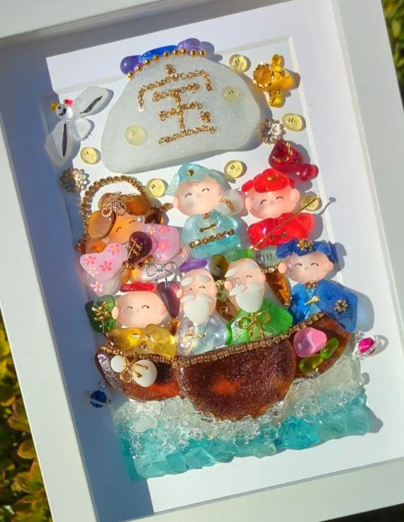 シーグラスアート　七福神白フレーム　全面透明フレームつき　ゲリラ出品