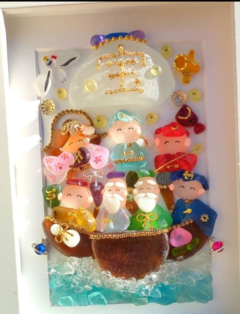 シーグラスアート　七福神白フレーム　全面透明フレームつき　ゲリラ出品