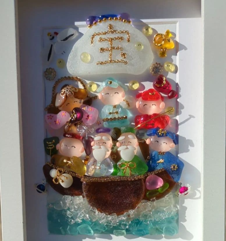 シーグラスアート　七福神白フレーム　全面透明フレームつき　ゲリラ出品