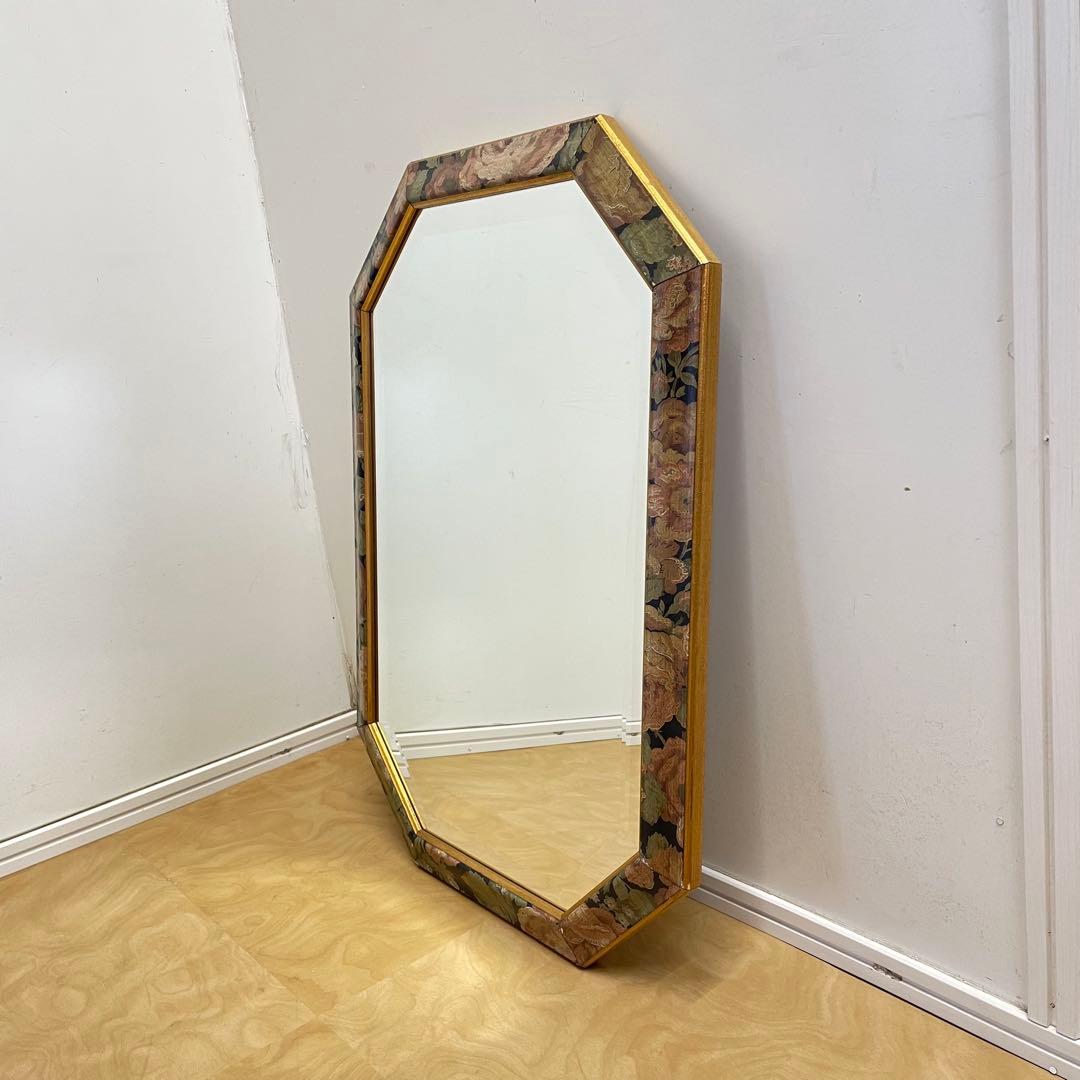 イタリア製 アンティーク調 8角ミラー 鏡 花柄 壁掛け式 ウォールミラー 姿見