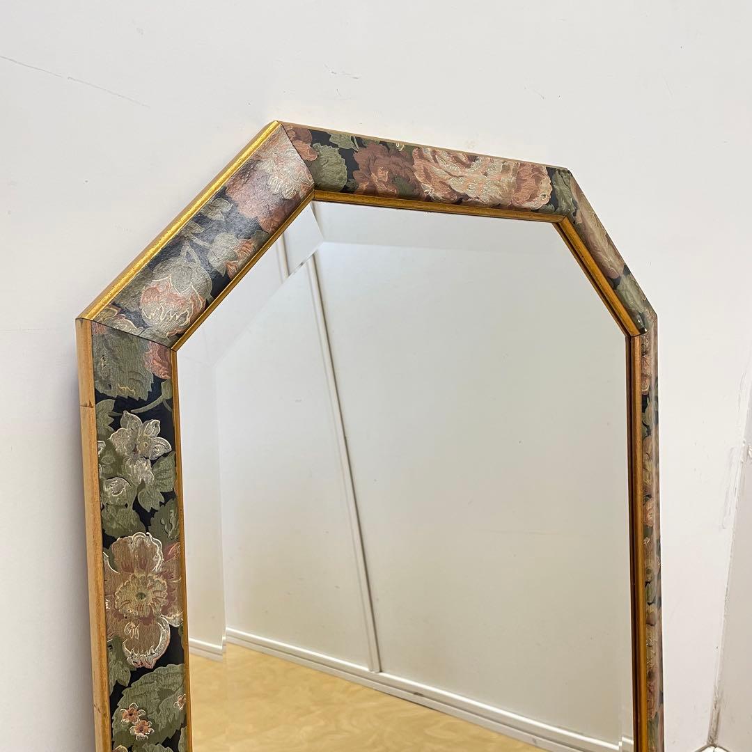 イタリア製 アンティーク調 8角ミラー 鏡 花柄 壁掛け式 ウォールミラー 姿見