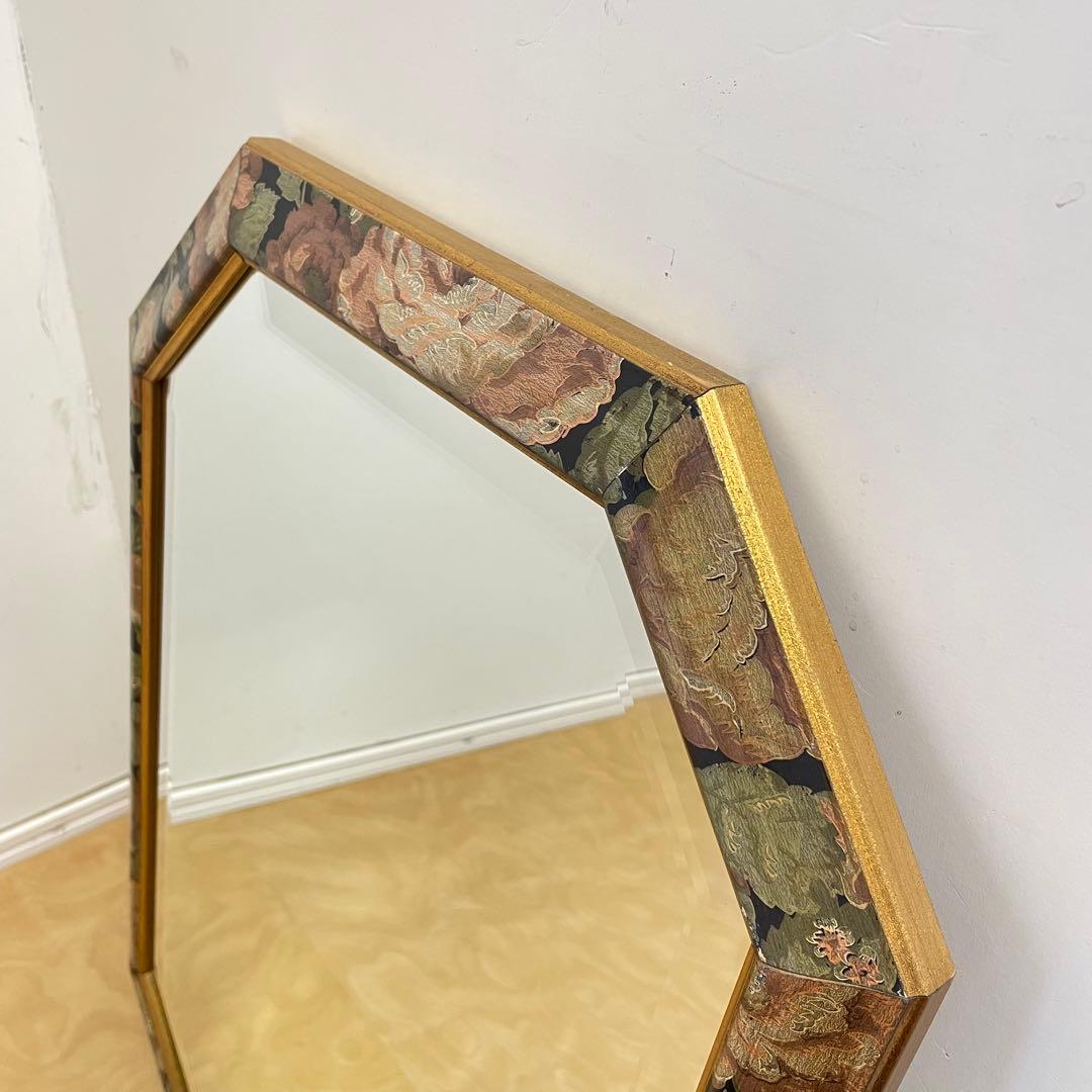 イタリア製 アンティーク調 8角ミラー 鏡 花柄 壁掛け式 ウォールミラー 姿見