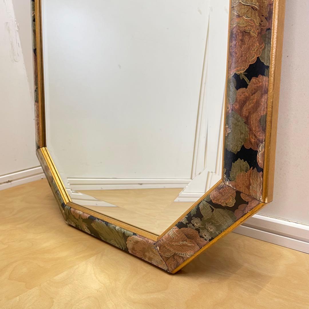 イタリア製 アンティーク調 8角ミラー 鏡 花柄 壁掛け式 ウォールミラー 姿見