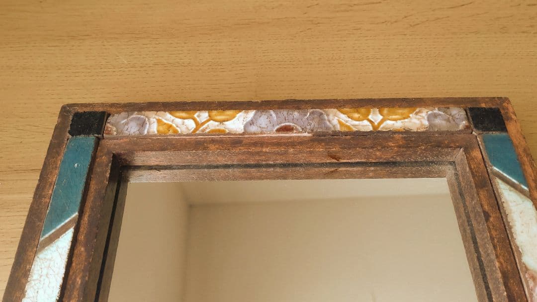 アンティーク　マジョリカタイルミラー　アンティークタイルの鏡　壁掛け鏡　レトロ