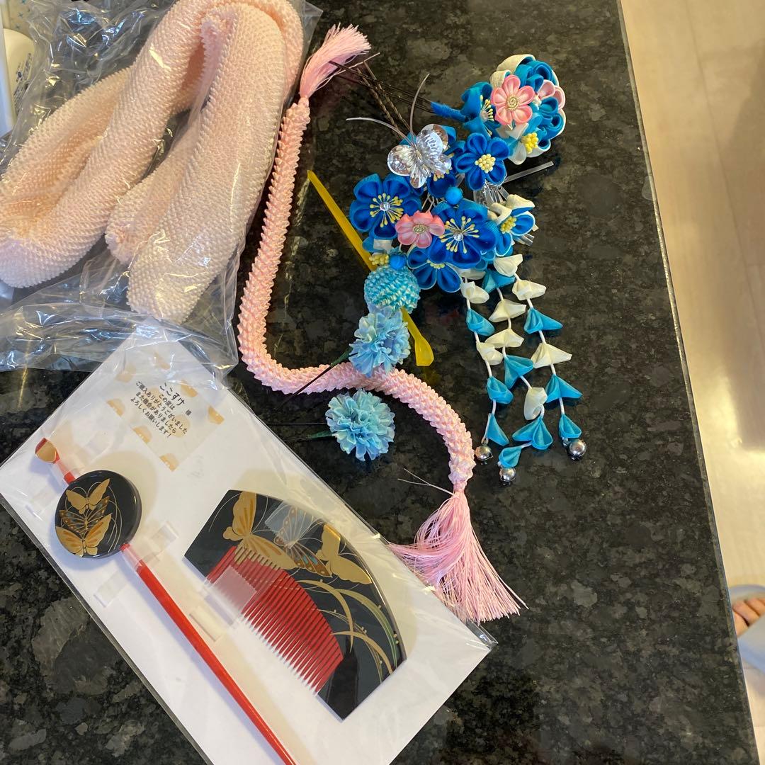 日本髪 髪飾り 七五三(7歳)～成人式 (ブルー×ピンク)