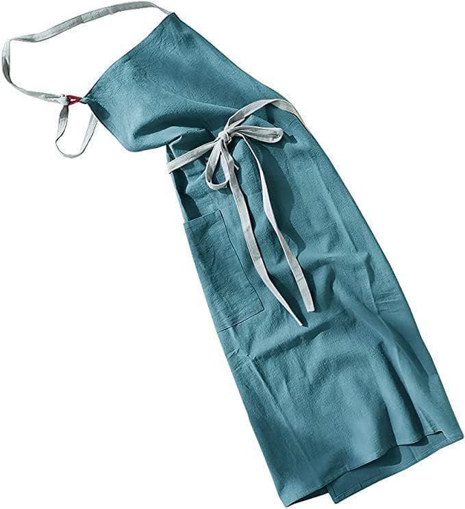 綿麻　エプロン　リネン シンプル　おしゃれ カフェ料理 DIY　男女　ブルー