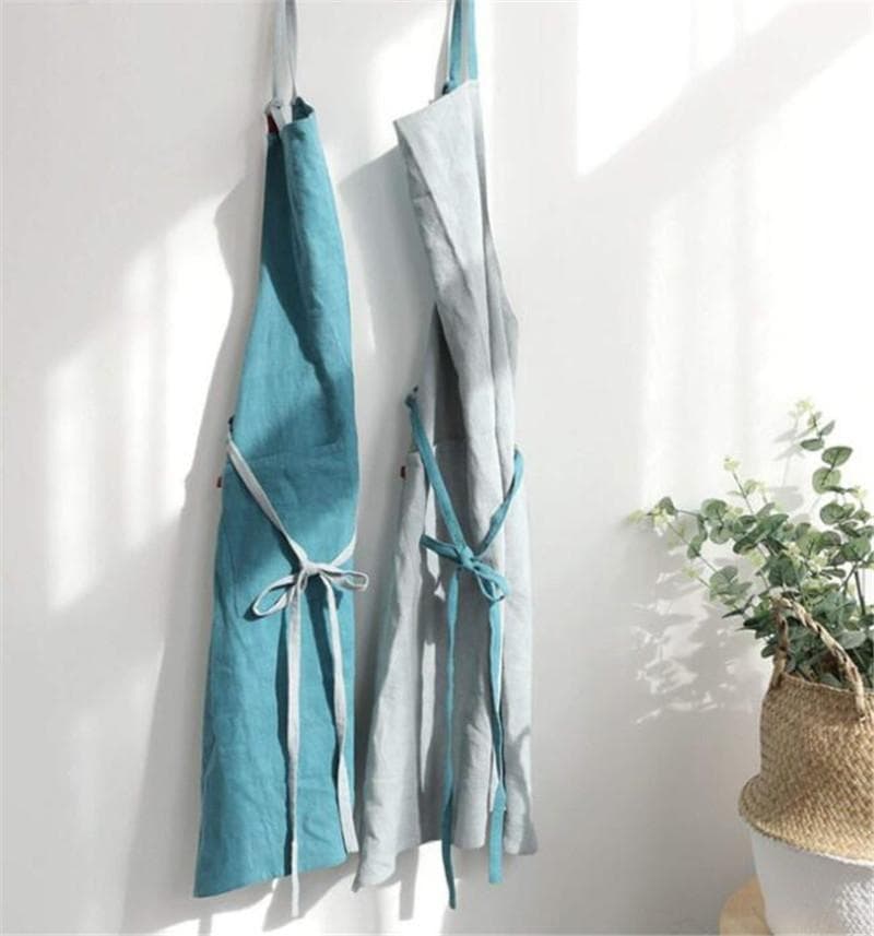 綿麻　エプロン　リネン シンプル　おしゃれ カフェ料理 DIY　男女　ブルー