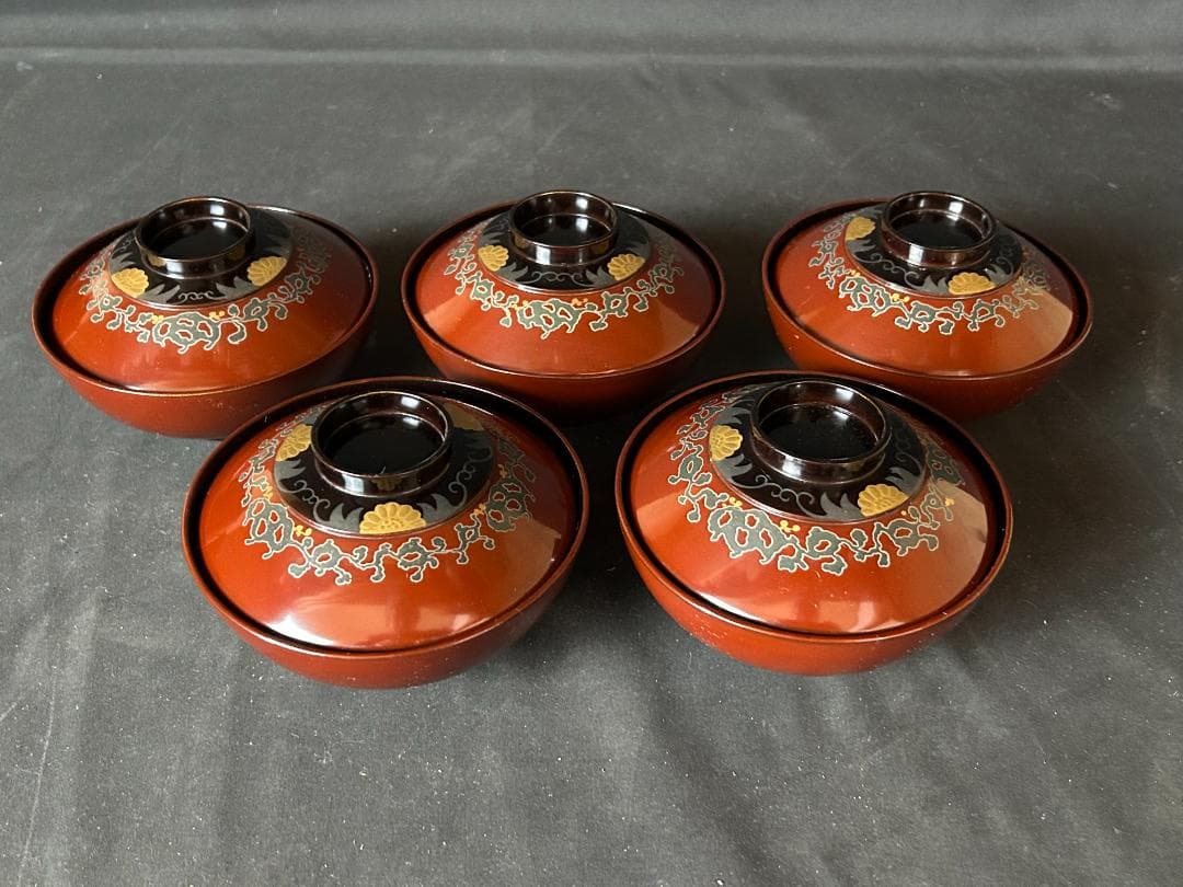 輪島塗 唐草蒔絵 栗色黒塗 天然木 吸物椀 5客 茶懐石道具 989 - メルカリ