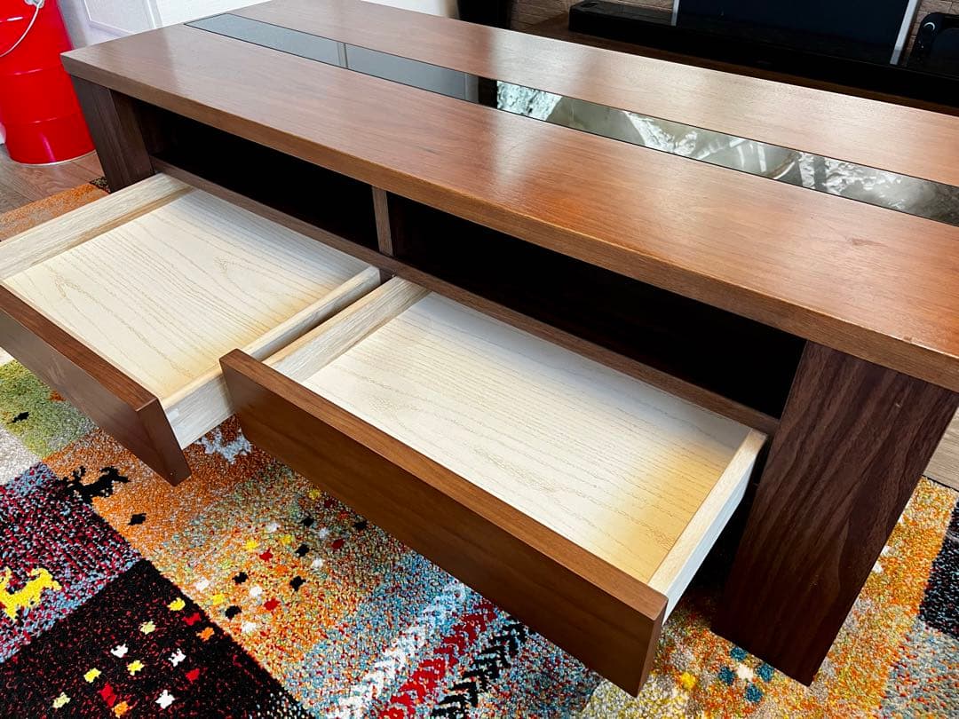 ダークブラウン 木製センターテーブル ガラス天板付き