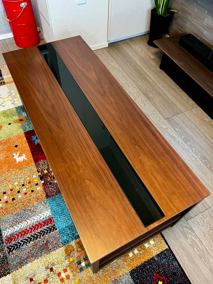 ダークブラウン 木製センターテーブル ガラス天板付き