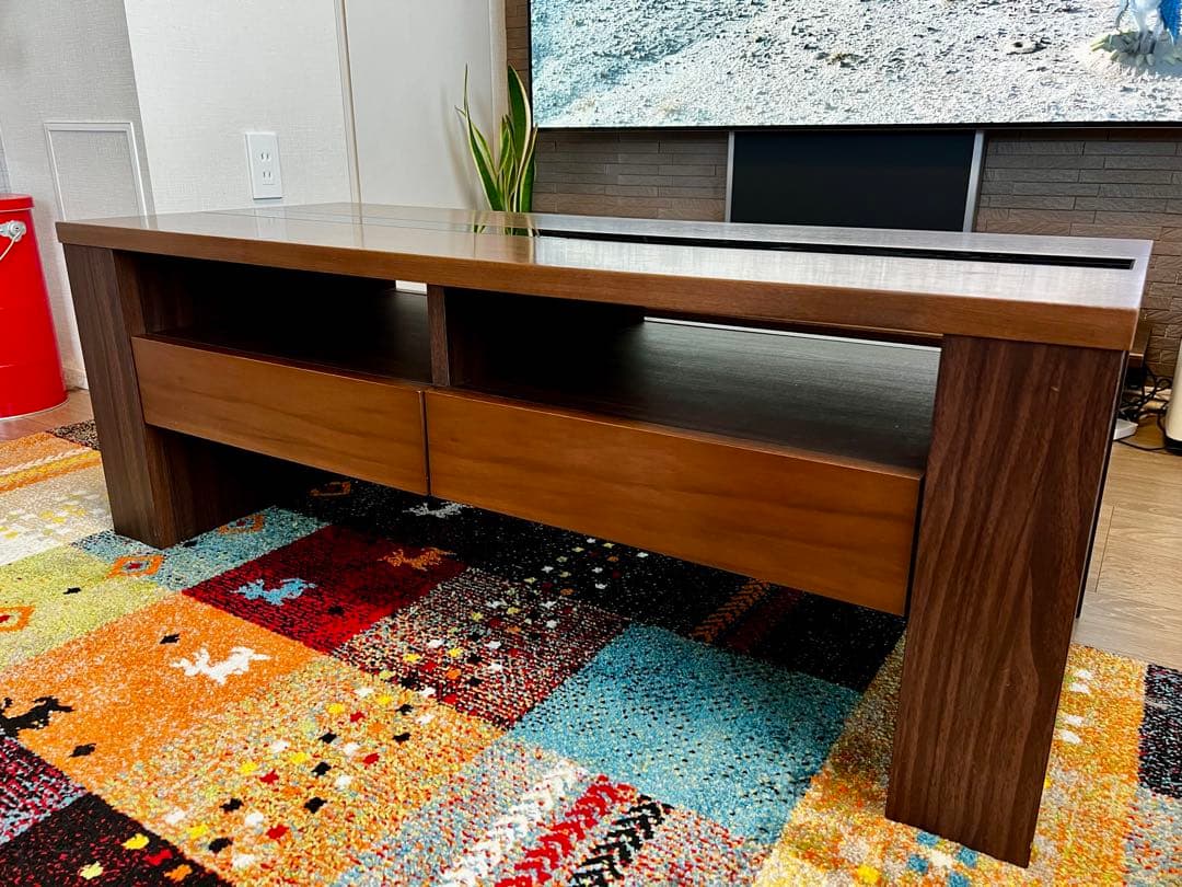 ダークブラウン 木製センターテーブル ガラス天板付き