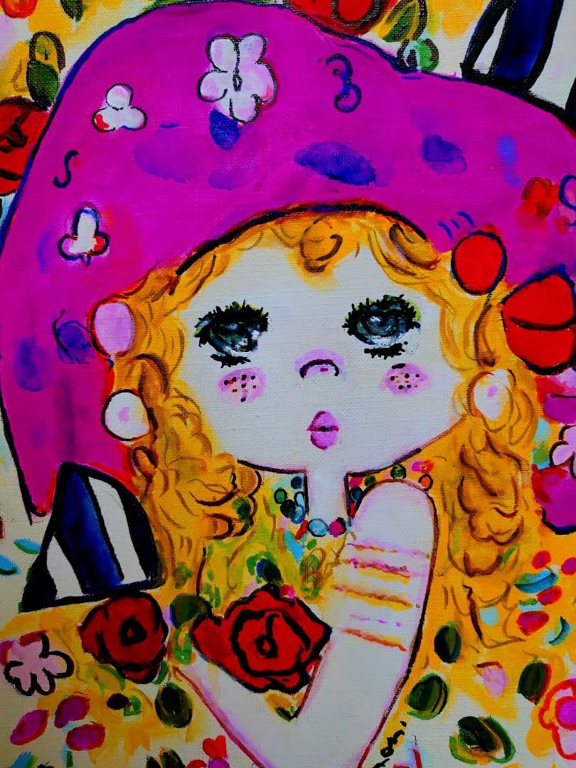 F6号】水森亜土 手描き作品/表裏サイン・裏描き有/油彩/アクリル/額縁