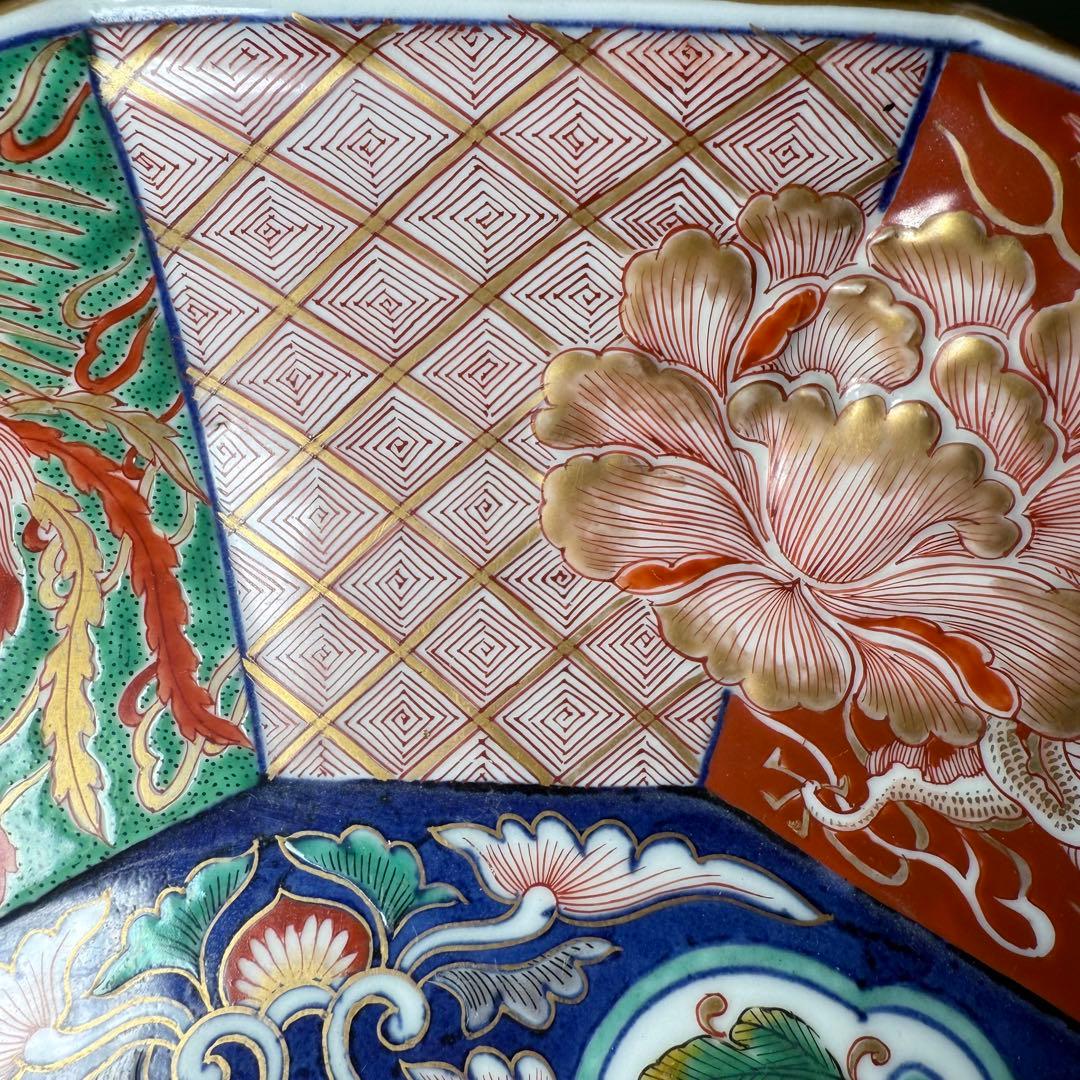 大聖寺伊万里　鳳凰龍図十二角浅鉢　立体的　大明万暦年製　合箱　31.5cm