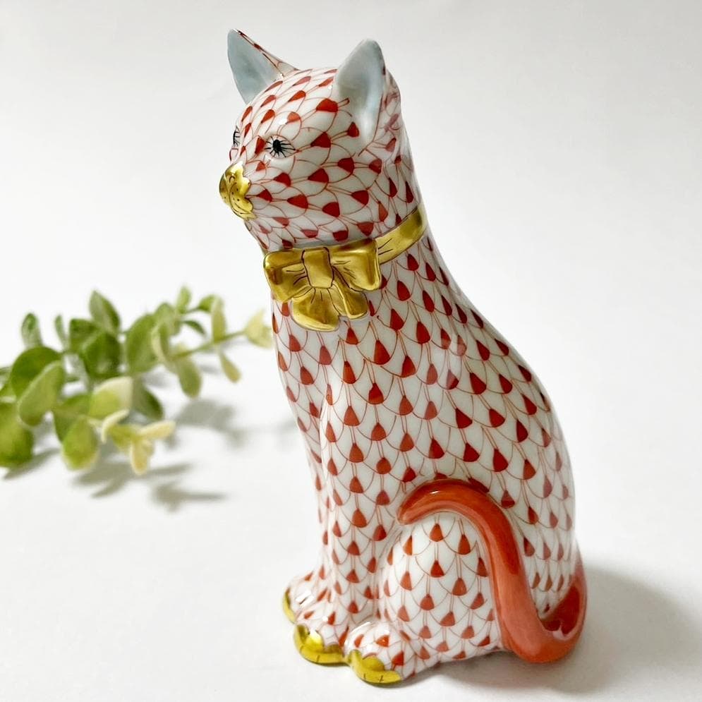 ヘレンド HEREND ねこ リボンを付けた猫 フィギュリン フィッシュネット