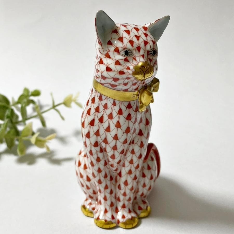 ヘレンド HEREND ねこ リボンを付けた猫 フィギュリン フィッシュネット