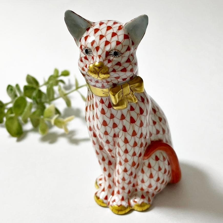 ヘレンド HEREND ねこ リボンを付けた猫 フィギュリン フィッシュネット