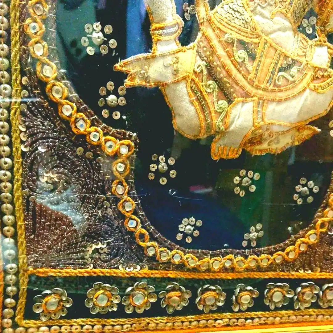 アンティーク、インド刺繍絵 インドの手作りの刺繍の作品 古い刺繍のビーズ画